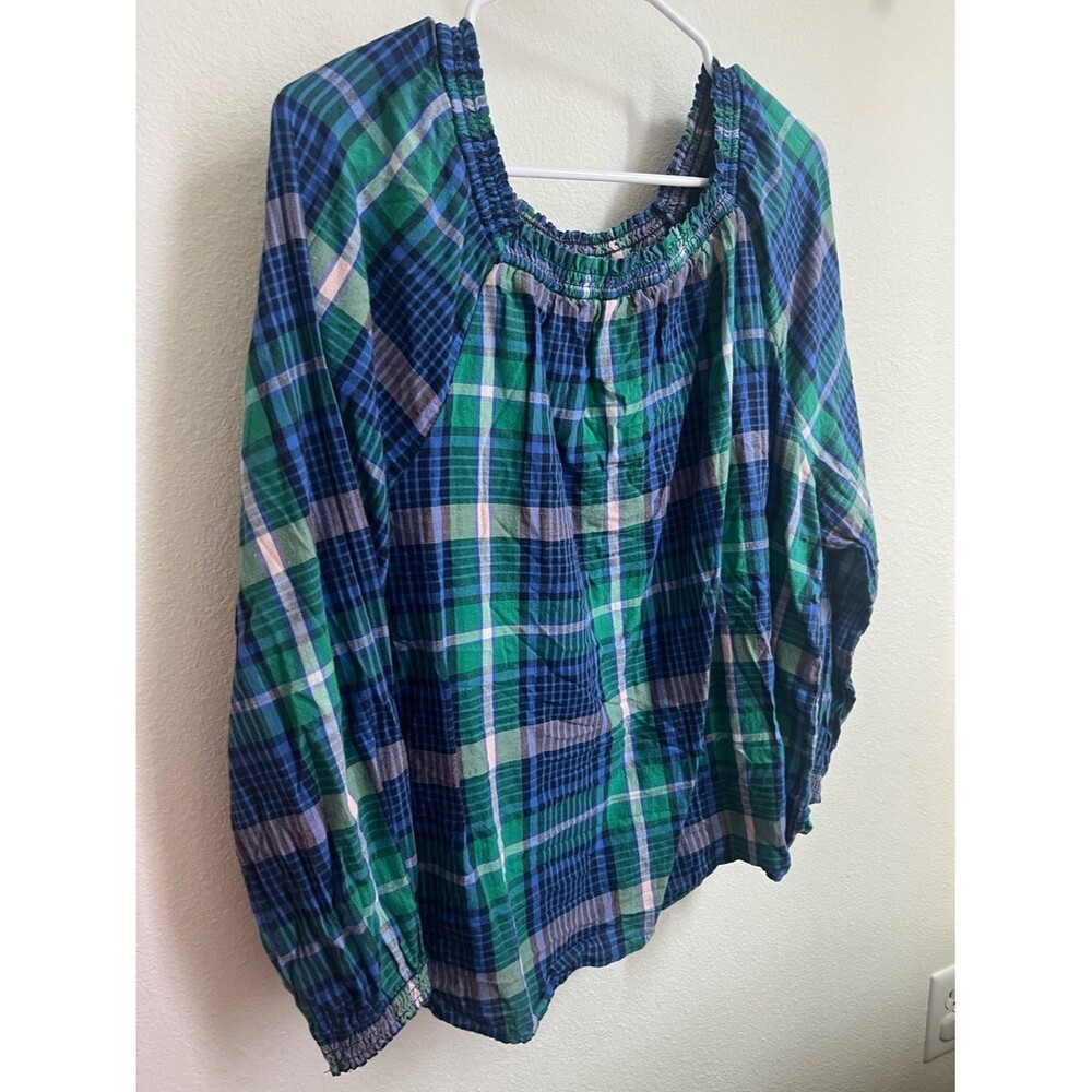 Old Navy Blue and Green Plaid Smocked-Neck Blouse
